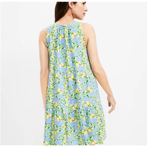 LOFT Lemon Print Tiered Swing Dress Women's Small Blue Yellow Linen Blend - Picture 12 of 13